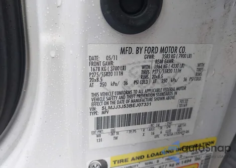 2011 Lincoln Navigator L из США, поврежденный, VIN 5LMJJ3J53BEJ07331